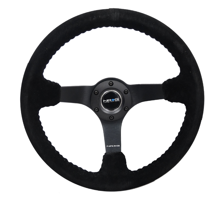 NRG Reinforced Steering Wheel (350mm / 3in. Deep) Black Suede/Black Bball Stitch w/5mm Matte Black Spoke