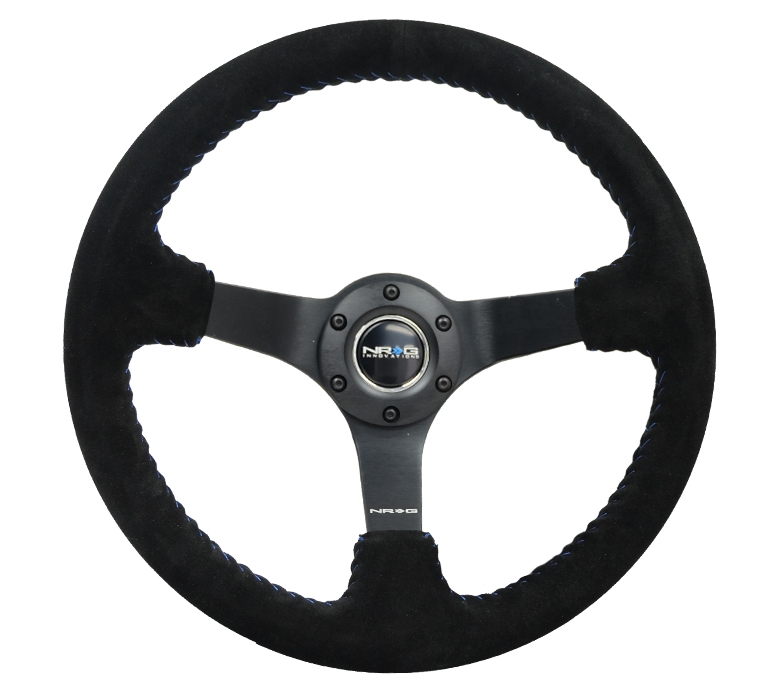 NRG Reinforced Steering Wheel (350mm / 3in. Deep) Black Suede/Blue BBall Stitch w/5mm Matte Black Spokes