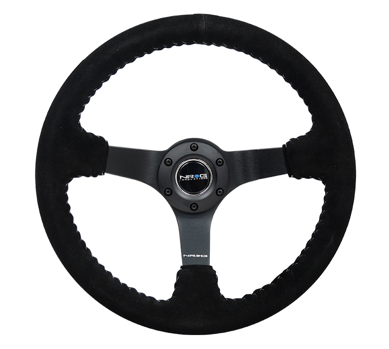 NRG Reinforced Steering Wheel (350mm / 3in. Deep) Black Suede/Silver BBall Stitch w/5mm Mt. Black Spokes