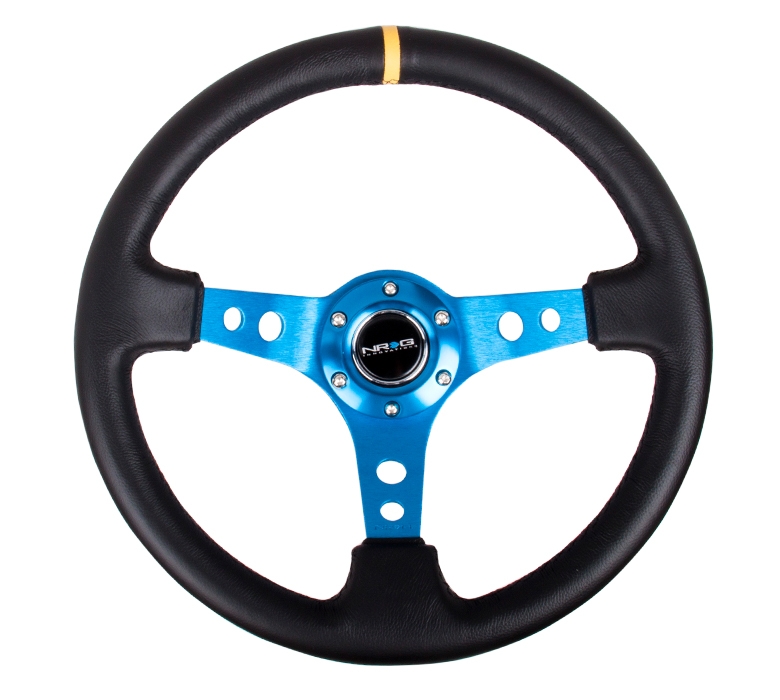NRG Reinforced Steering Wheel (350mm / 3in. Deep) Black Leather w/ Blue Cutout Spoke & Single Yellow CM
