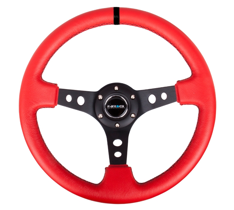 NRG Reinforced Steering Wheel (350mm / 3in. Deep) Red Leather/Black Stitch w/ Black Spokes (Hole Cutouts)