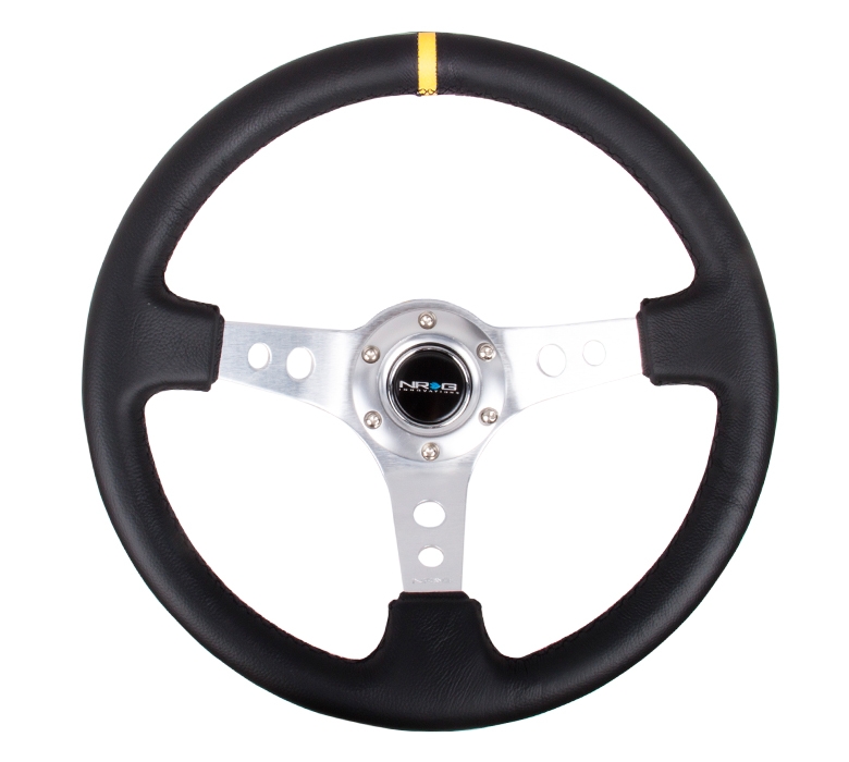 NRG Reinforced Steering Wheel (350mm / 3in. Deep) Black Leather w/ Circle Cut Spokes & Single Yellow CM