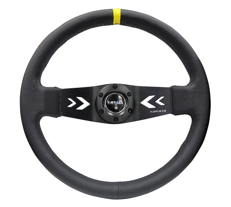 NRG Reinforced Steering Wheel (350mm / 3in Deep) Black Leather w/ NRG Arrow-Cut 2-Spoke & Sgl Yellow CM