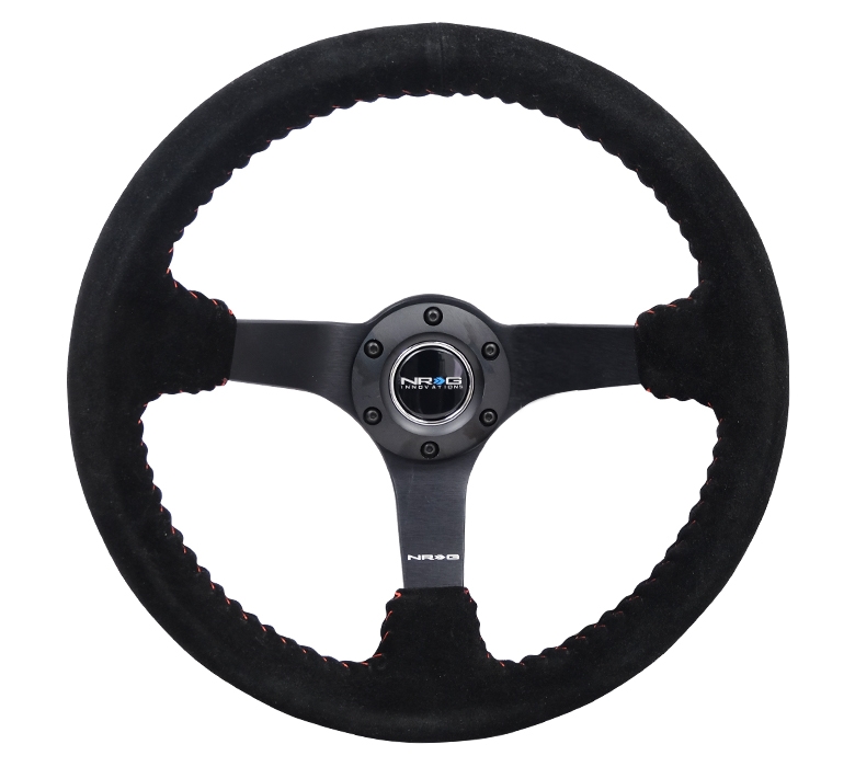 NRG Reinforced Steering Wheel (350mm / 3in. Deep) Black Suede / Red BBall Stitch w/5mm Matte Black Spokes