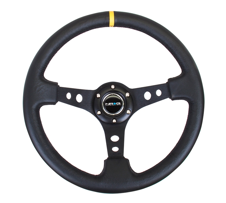 NRG Reinforced Steering Wheel (350mm / 3in. Deep) Black Leather w/ Black Cutout Spoke/Yellow Center Mark