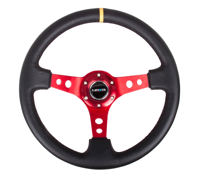 NRG Reinforced Steering Wheel (350mm / 3in. Deep) Black Leather w/ Red Spokes & Sgl Yellow Center Mark