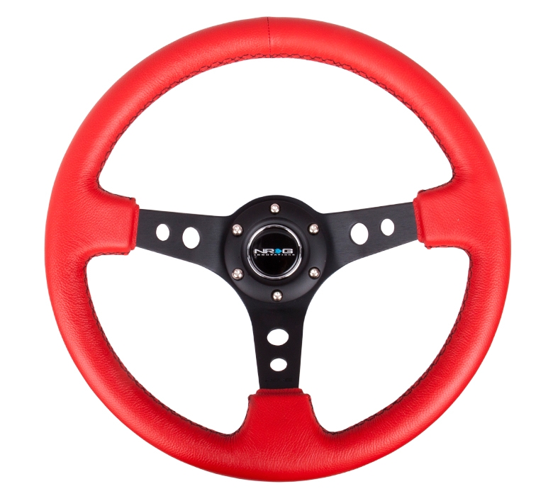 NRG Reinforced Steering Wheel (350mm / 3in. Deep) Red Leather/Black Stitch w/ Black Circle Cutout Spokes
