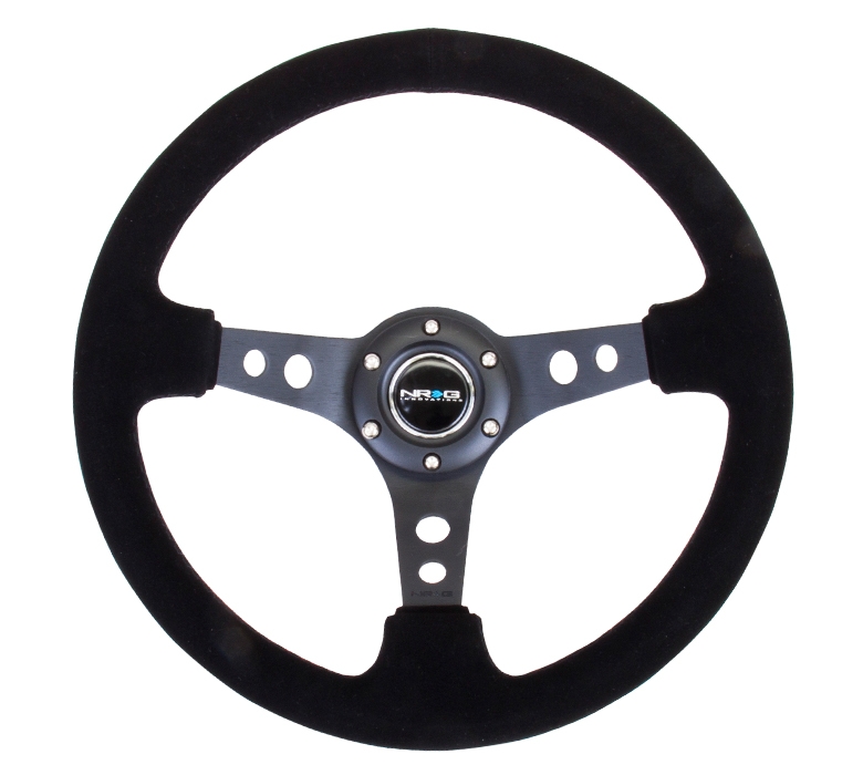 NRG Reinforced Steering Wheel (350mm / 3in. Deep) Black Suede/Black Stitch w/ Black Circle Cutout Spokes