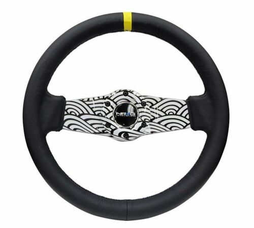 NRG Reinforced Steering Wheel (310mm / 1.75in. Deep) Black Leather w/ Japanese Wave Dipped & Yellow CM
