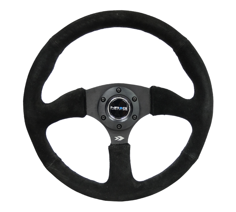NRG Reinforced Steering Wheel (350mm / 2.5in. Deep) Black Suede Comfort Grip w/5mm Matte Black Spokes