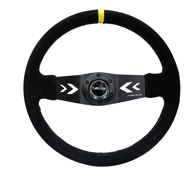 NRG Reinforced Steering Wheel (350mm / 3in. Deep) Black Suede w/ NRG Arrow Cut 2-Spoke & Yellow Mark