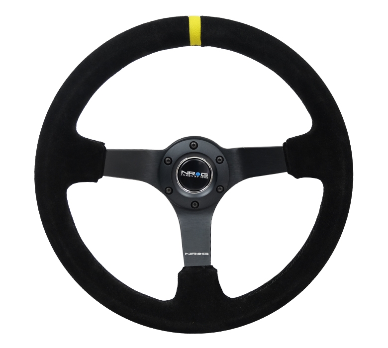 NRG Reinforced Steering Wheel (350mm / 3in. Deep) Black Suede/X-Stitch w/5mm Black Spoke & Yellow CM