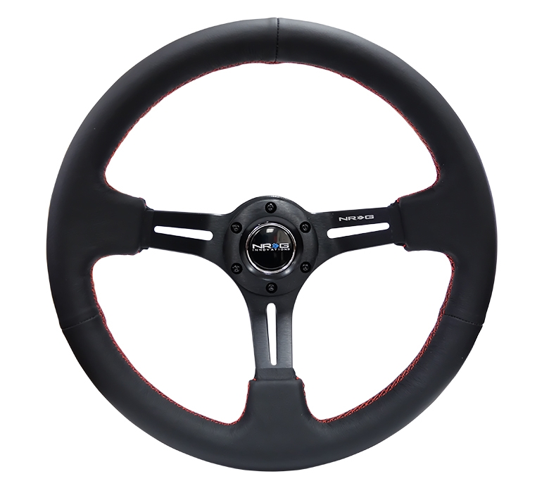 NRG Reinforced Steering Wheel (350mm / 3in. Deep) Black Leather / Red Stitch & Black 3-Spoke w/ Slits