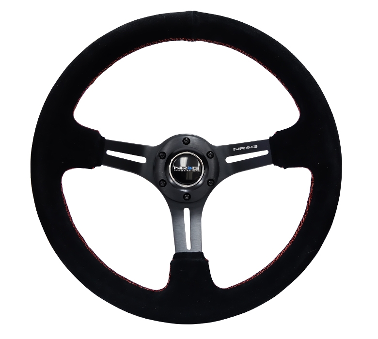 NRG Reinforced Steering Wheel (350mm / 3in. Deep) Black Suede w/ Red Stitching & 5mm Spokes w/ Slits