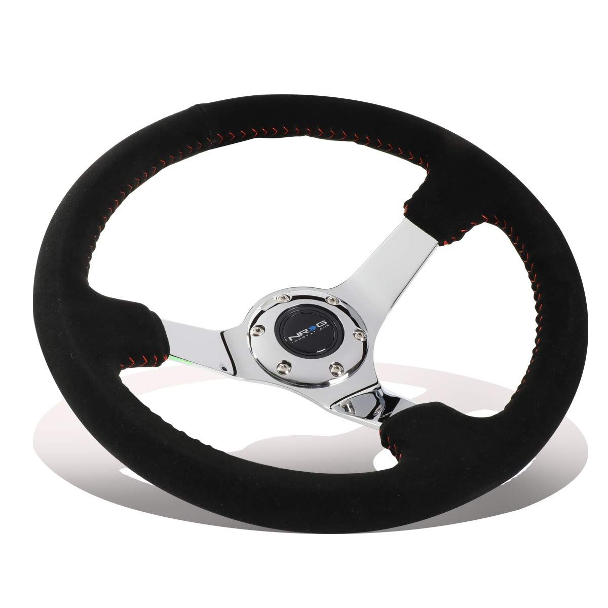 NRG Reinforced Steering Wheel (350mm / 3in. Deep) Black Suede w/ Red Baseball Stitch & Chrome 3-Spoke