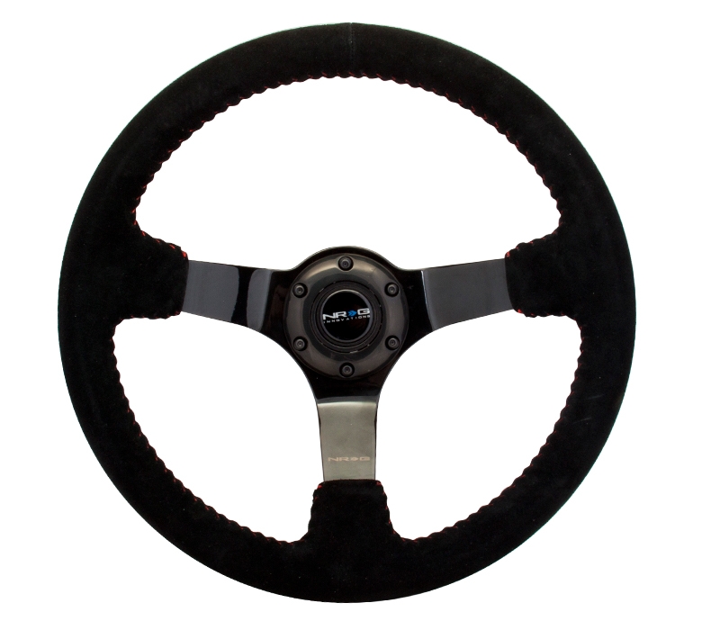 NRG Reinforced Steering Wheel (350mm / 3in. Deep) Black Suede w/ Red BBall Stitch & Black 3-Spoke