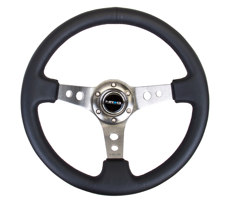 NRG Reinforced Steering Wheel (350mm / 3in. Deep) Black Leather w/ Gunmetal Circle Cutout Spokes