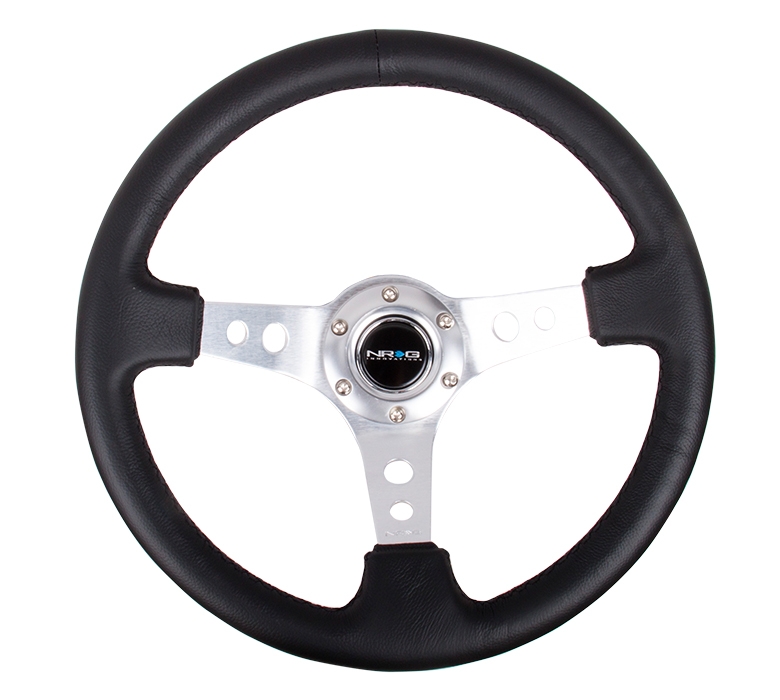 NRG Reinforced Steering Wheel (350mm / 3in. Deep) Black Leather w/ Silver Spoke & Circle Cutouts