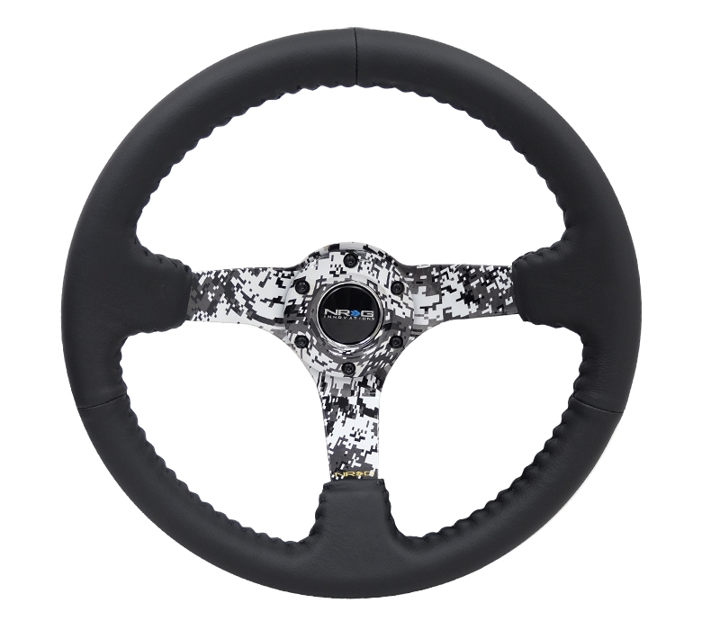 NRG Reinforced Steering Wheel (350mm / 3in. Deep) Black Leather w/ Hydrodipped Digi-Camo Spokes