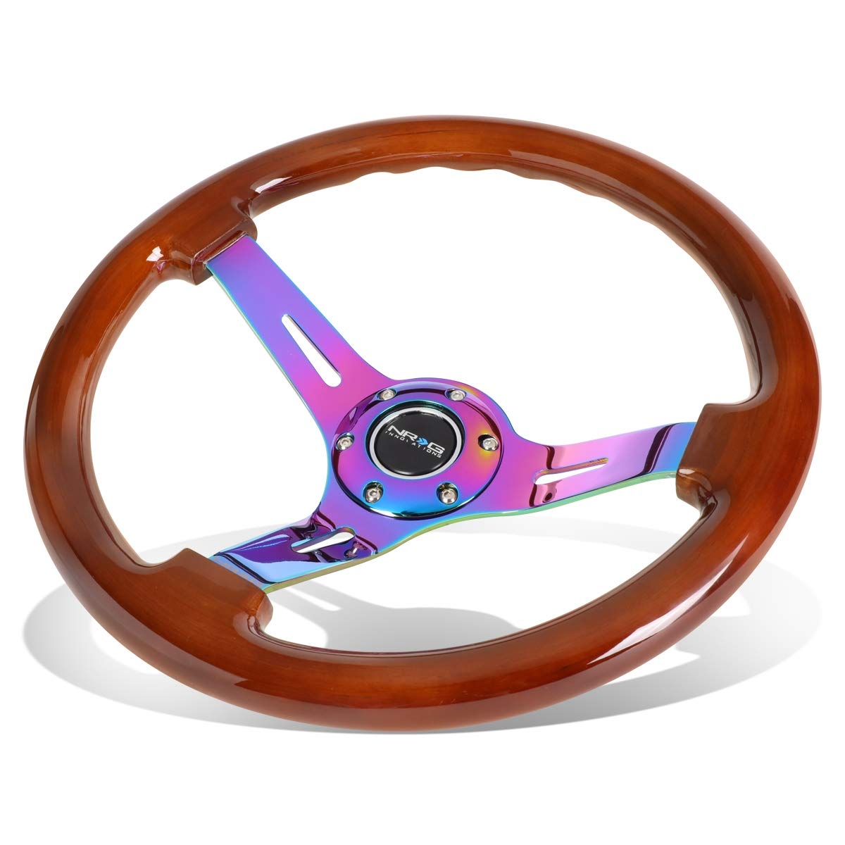 NRG Reinforced Steering Wheel (350mm / 3in. Deep) Dark Wood Grain & Neochrome Spokes w/ Slit