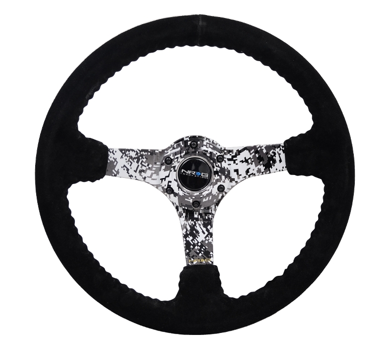 NRG Reinforced Steering Wheel (350mm / 3in. Deep) Black Suede w/ Hydrodipped Digi-Camo Spokes