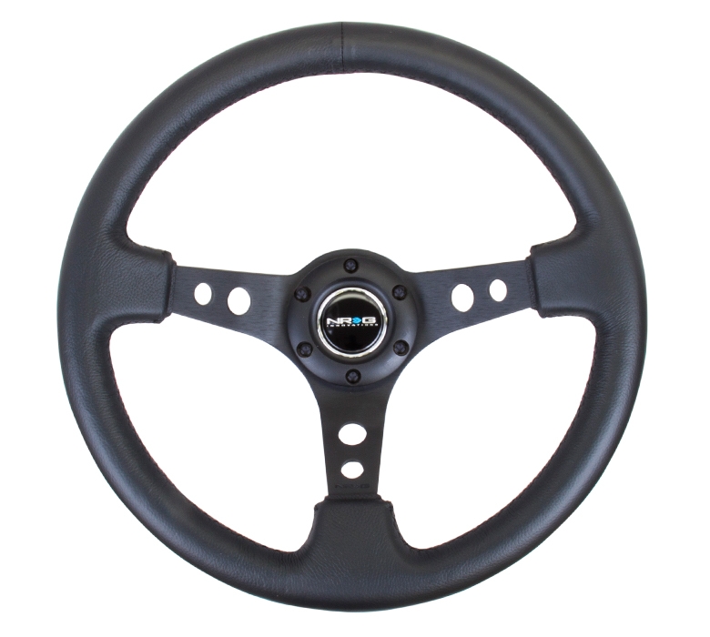 NRG Reinforced Steering Wheel (350mm / 3in. Deep) Black Leather w/ Black Spoke & Circle Cutouts