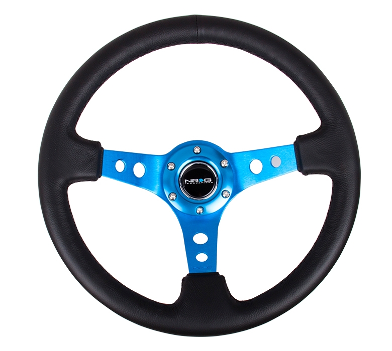 NRG Reinforced Steering Wheel (350mm / 3in. Deep) Black Leather w/ Blue Circle Cutout Spokes