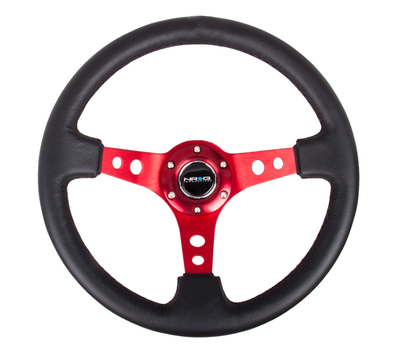 NRG Reinforced Steering Wheel (350mm / 3in. Deep) Black Leather w/ Red Circle Cutout Spokes