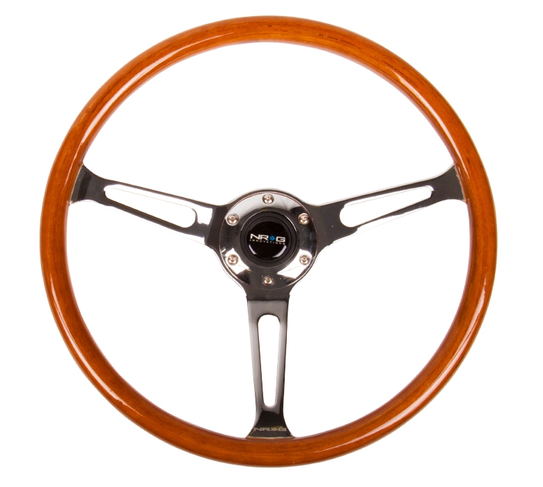 NRG Reinforced Steering Wheel (360mm) Classic Wood Grain w/ Chrome Cutout 3-Spoke Center