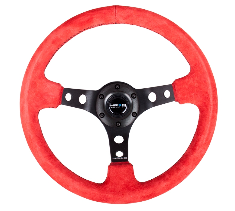 NRG Reinforced Steering Wheel (350mm / 3in. Deep) Red Suede w/ Black Circle Cutout Spokes