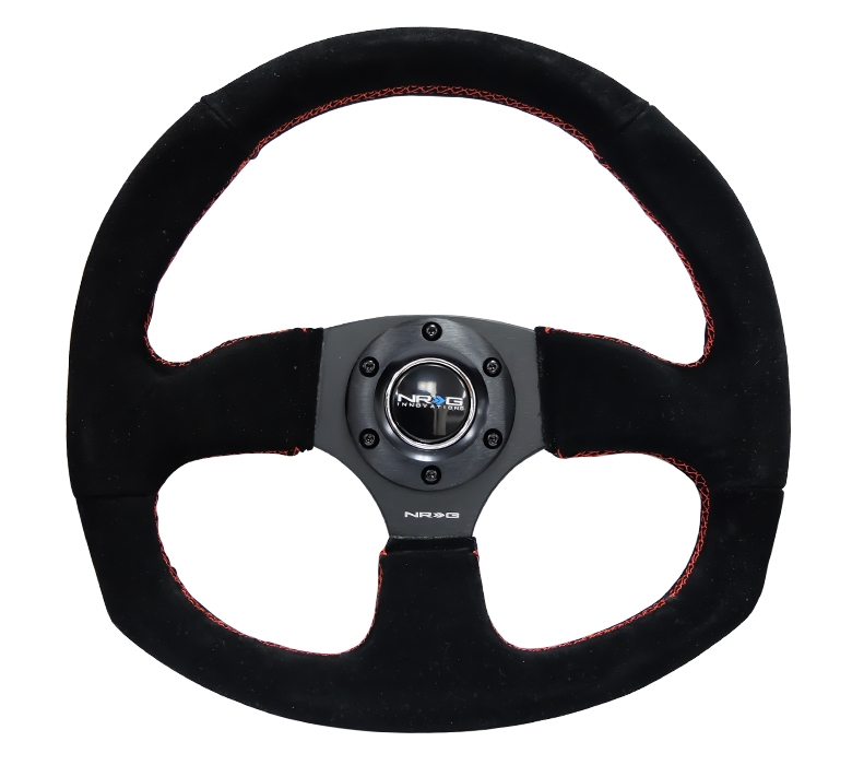NRG Reinforced Steering Wheel (320mm Horizontal / 330mm Vertical) Suede w/ Red Stitch