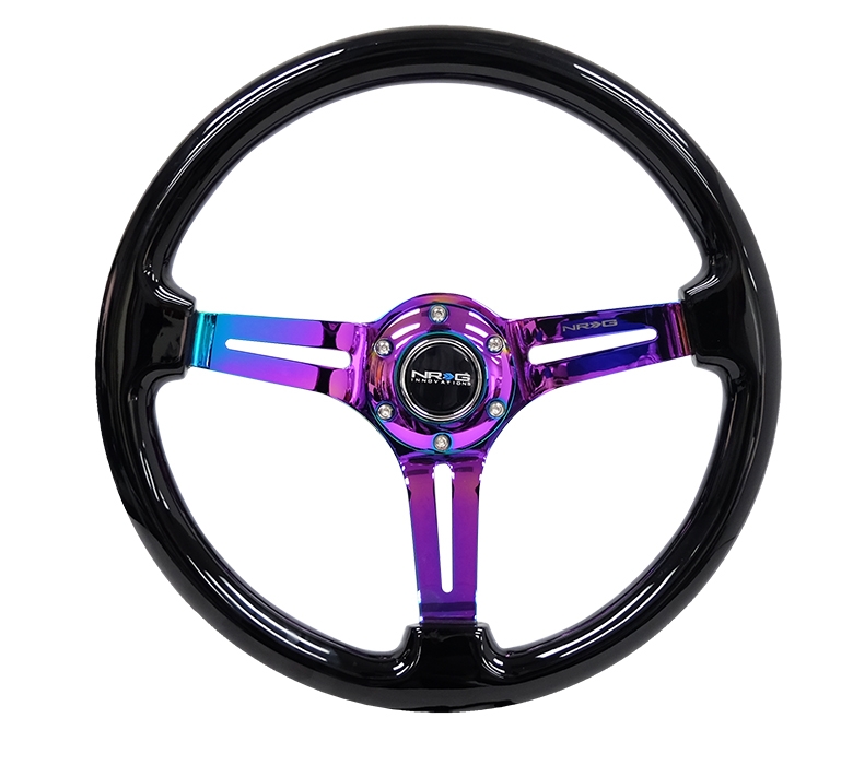 NRG Reinforced Steering Wheel (350mm / 3in. Deep) Black Wood w/ Black Matte Spoke/Neochrome Center Mark