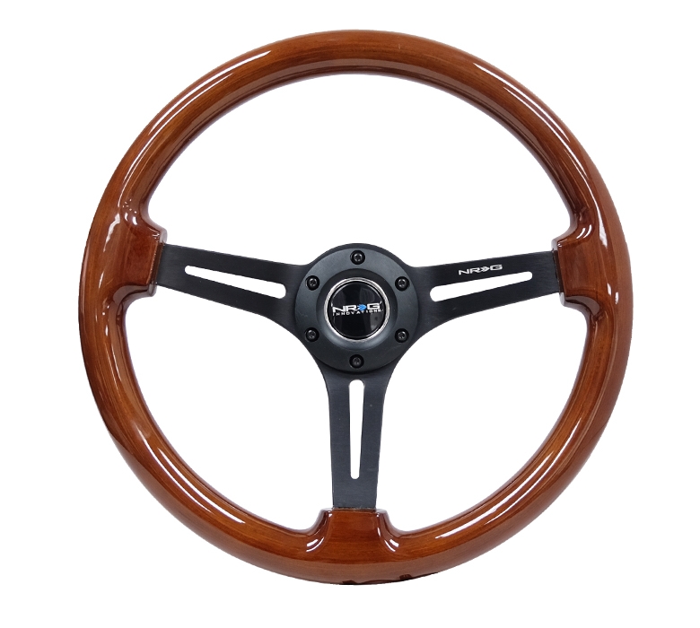 NRG Reinforced Steering Wheel (350mm / 3in. Deep) Brown Wood w/ Black Matte Spoke/Black Center Mark