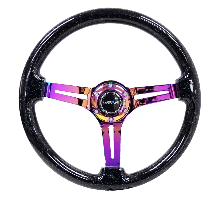 NRG Reinforced Steering Wheel (350mm / 3in. Deep) Black Multi Color Flake w/ Neochrome Center Mark