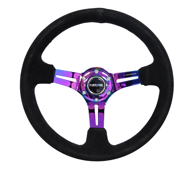 NRG Reinforced Steering Wheel (350mm / 3in. Deep) Black Suede/Black Stitch w/ Neochrome Slits