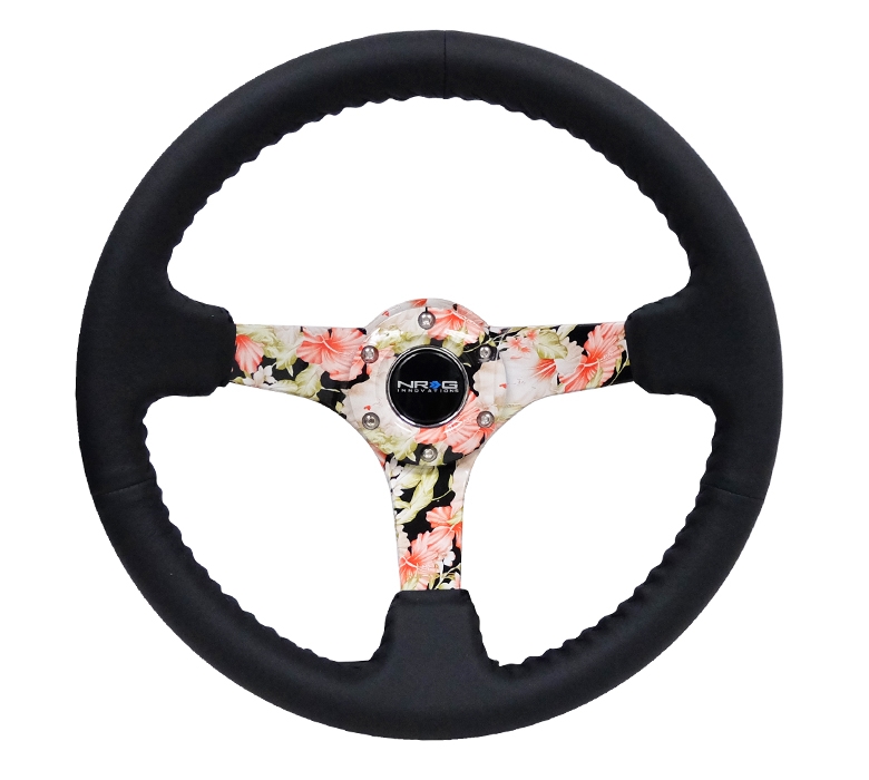 NRG Reinforced Steering Wheel (350mm / 3in. Deep) Black Leather Floral Dipped w/ Black Baseball Stitch