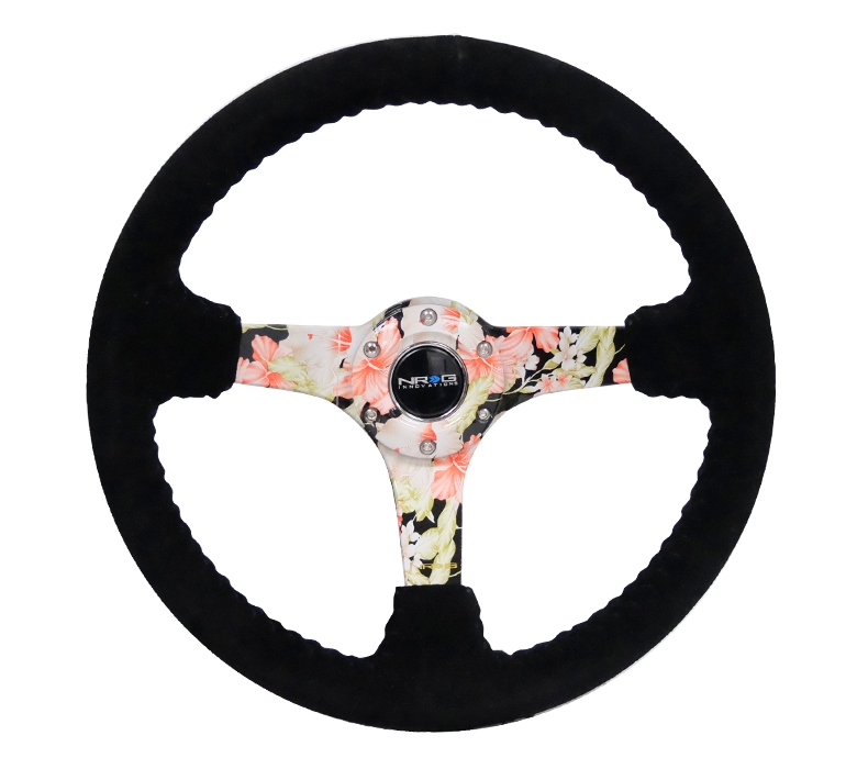NRG Reinforced Steering Wheel (350mm / 3in. Deep) Black Suede Floral Dipped w/ Black Baseball Stitch
