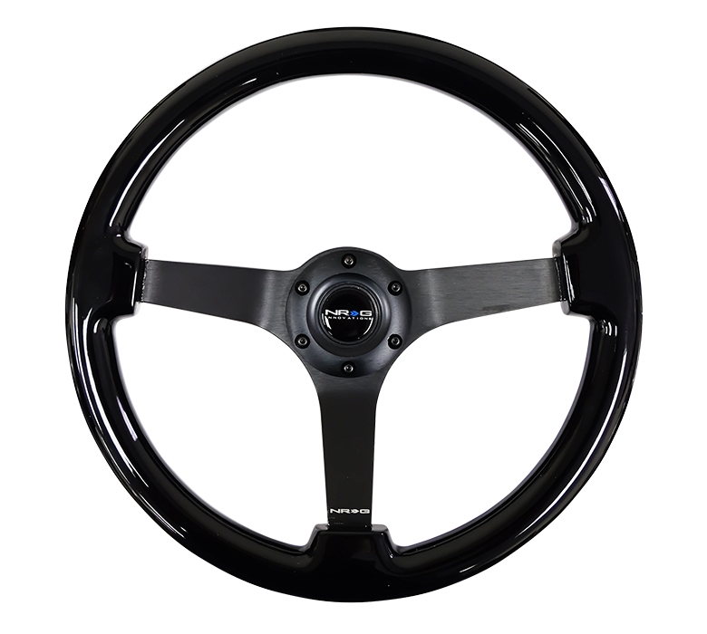 NRG Reinforced Steering Wheel (350mm / 3in. Deep) Black w/ Black Chrome Solid 3-Spoke Center