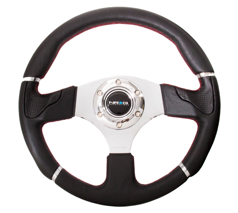 NRG Reinforced Steering Wheel (320mm) Black Leather / Red Stitching w/ Chrome 3-Spoke Center