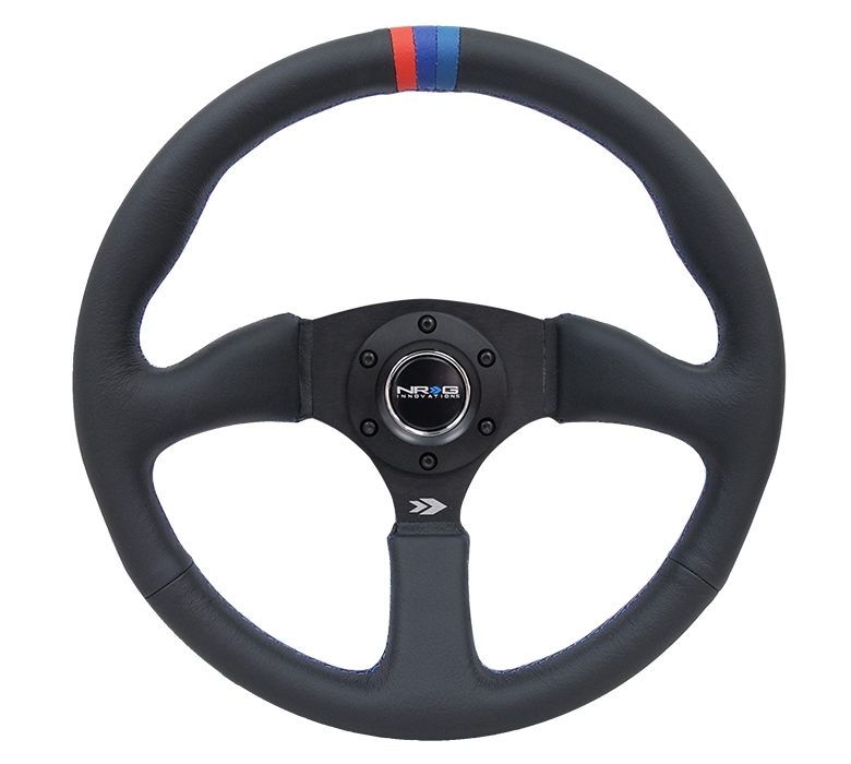 NRG Reinforced Steering Wheel (350mm / 2.5in Deep) Black Leather w/ M3 stitch Matte Black 3-Spoke Center