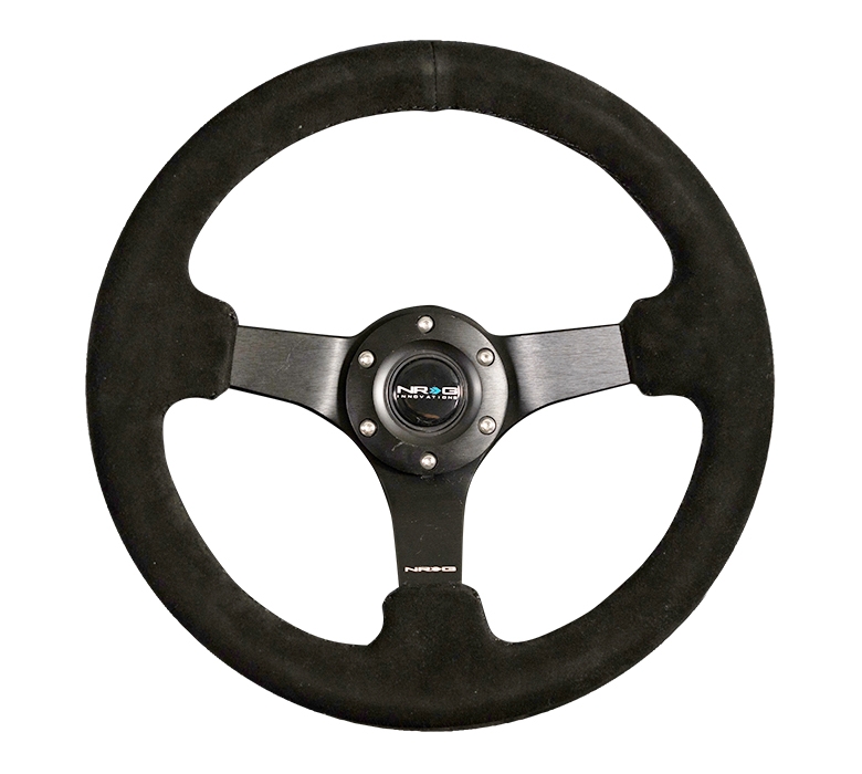 NRG Reinforced Steering Wheel (330mm / 3in Deep) Black Suede w/ Criss Cross Stitch w/ Black 3-Spoke Center