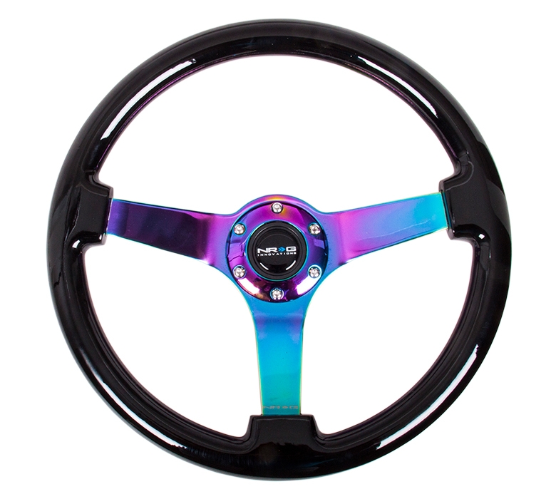 NRG Reinforced Steering Wheel (350mm / 3in Deep) Classic Black Wood Grain w/ Neochrome 3-Spoke Center