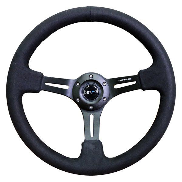 NRG Reinforced Steering Wheel (350mm) Black Leather & Alcantara Stitching w/ Black 3-Spoke Slits Center