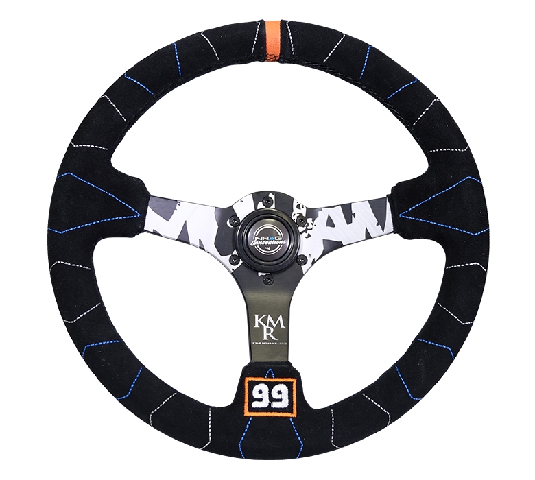 NRG Reinforced Steering Wheel (350mm / 3in. Deep) Black Suede w/ Color Stitch (Kyle Mohan Edition)
