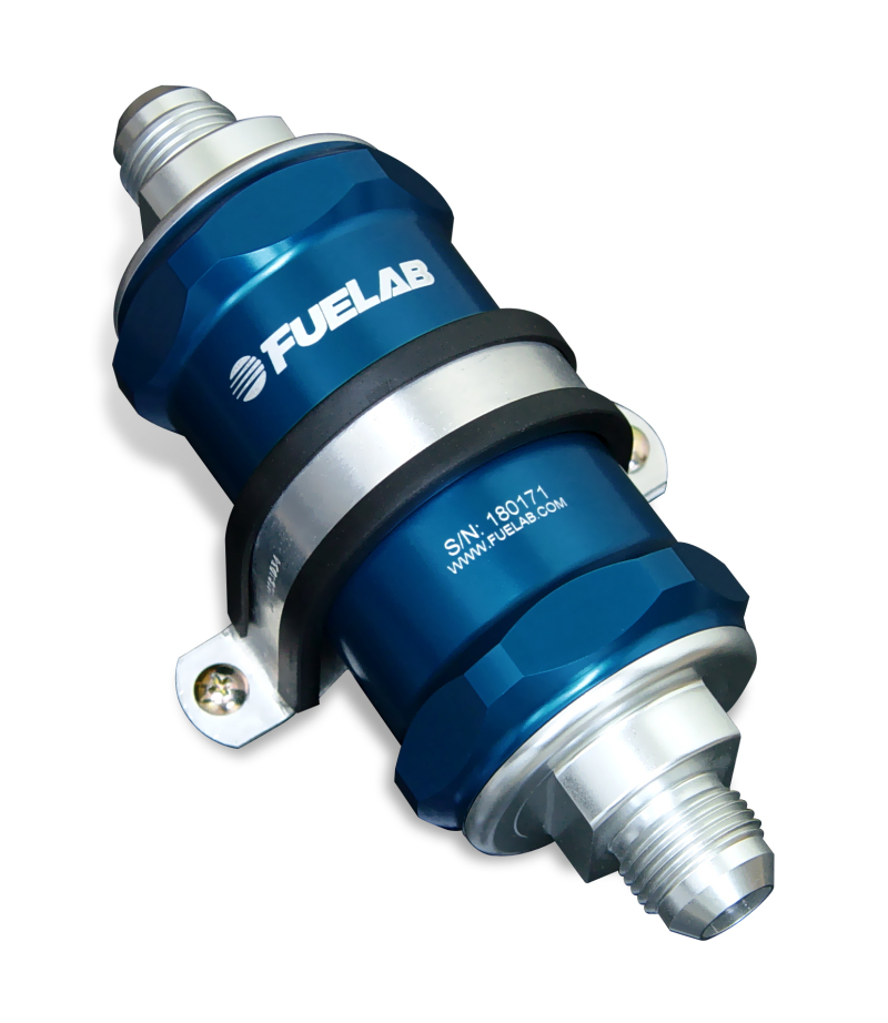 Fuelab 818 In-Line Fuel Filter Standard -6AN In/Out 75 Micron Stainless - Blue