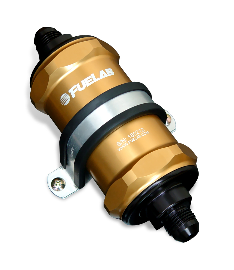 Fuelab 818 In-Line Fuel Filter Standard -6AN In/Out 75 Micron Stainless - Gold