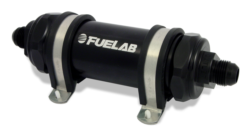 Fuelab 828 In-Line Fuel Filter Long -6AN In/Out 75 Micron Stainless - Black