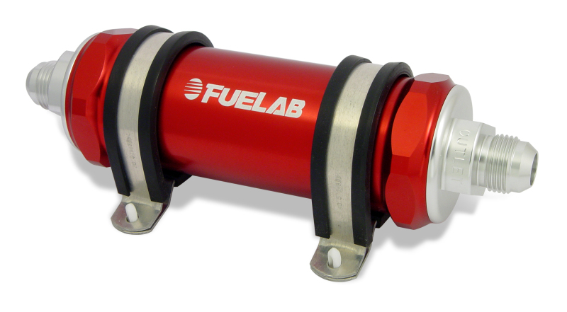 Fuelab 828 In-Line Fuel Filter Long -8AN In/Out 40 Micron Stainless - Red