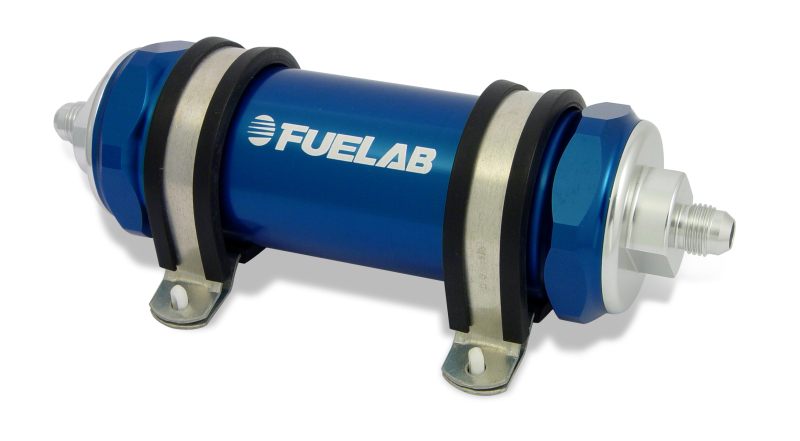 Fuelab 828 In-Line Fuel Filter Long -6AN In/Out 75 Micron Stainless - Blue