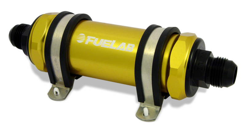 Fuelab 828 In-Line Fuel Filter Long -6AN In/Out 75 Micron Stainless - Gold